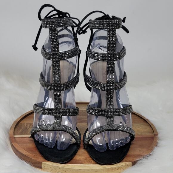 Schutz Black Strappy Jeweled Heels 4.5" Women's 8B - Picture 1 of 8